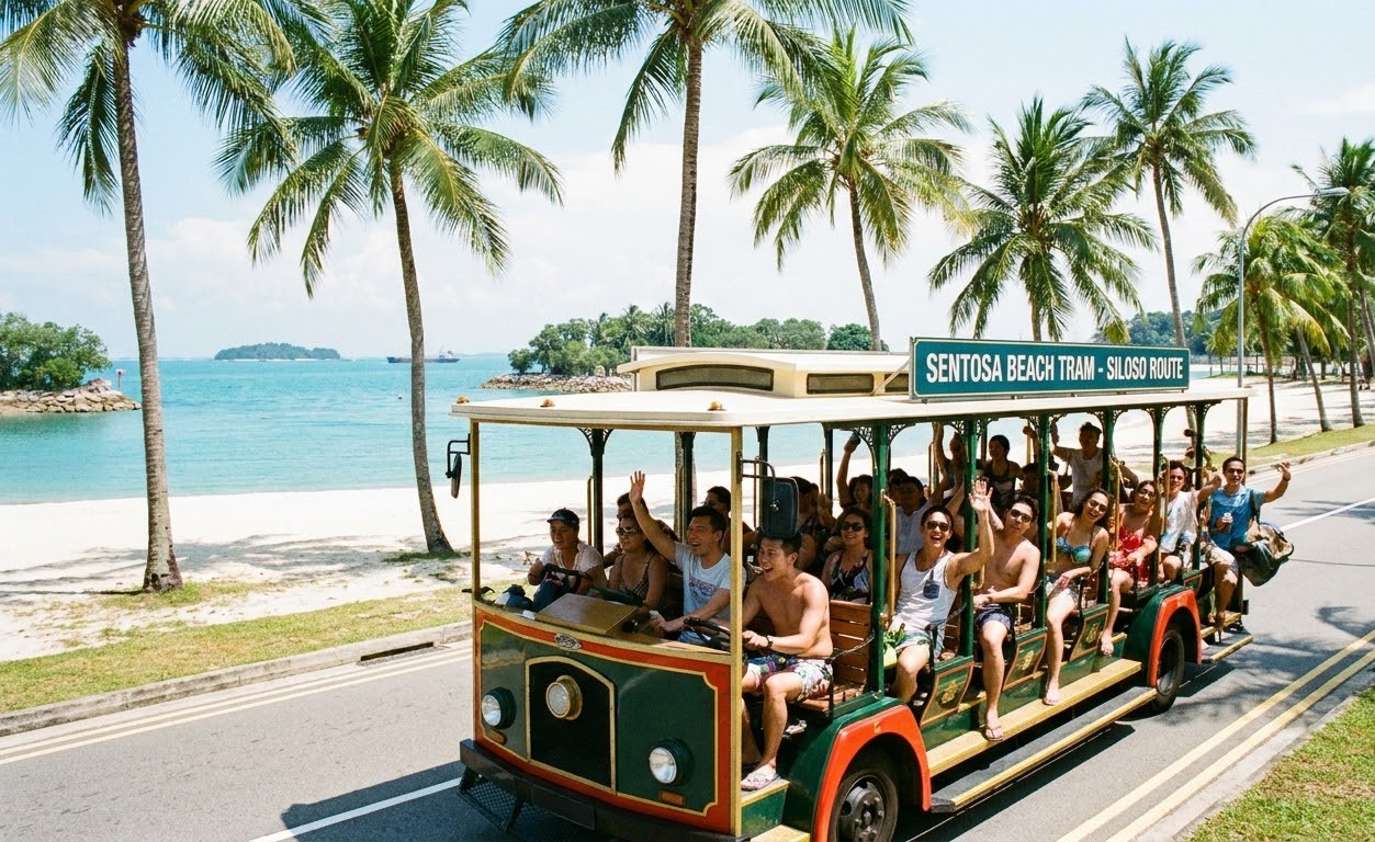 Free open-air beach shuttle tram carrying tourists along Sentosa Island coastal road