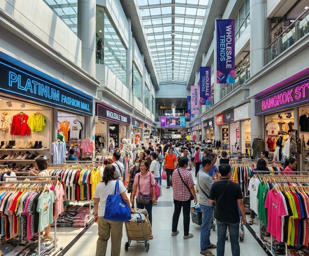 Wholesale clothing bazaar inside Platinum Fashion Mall showing racks of colorful trendy garments and shoes in Bangkok Thailand Platinum Fashion Mall Shopping