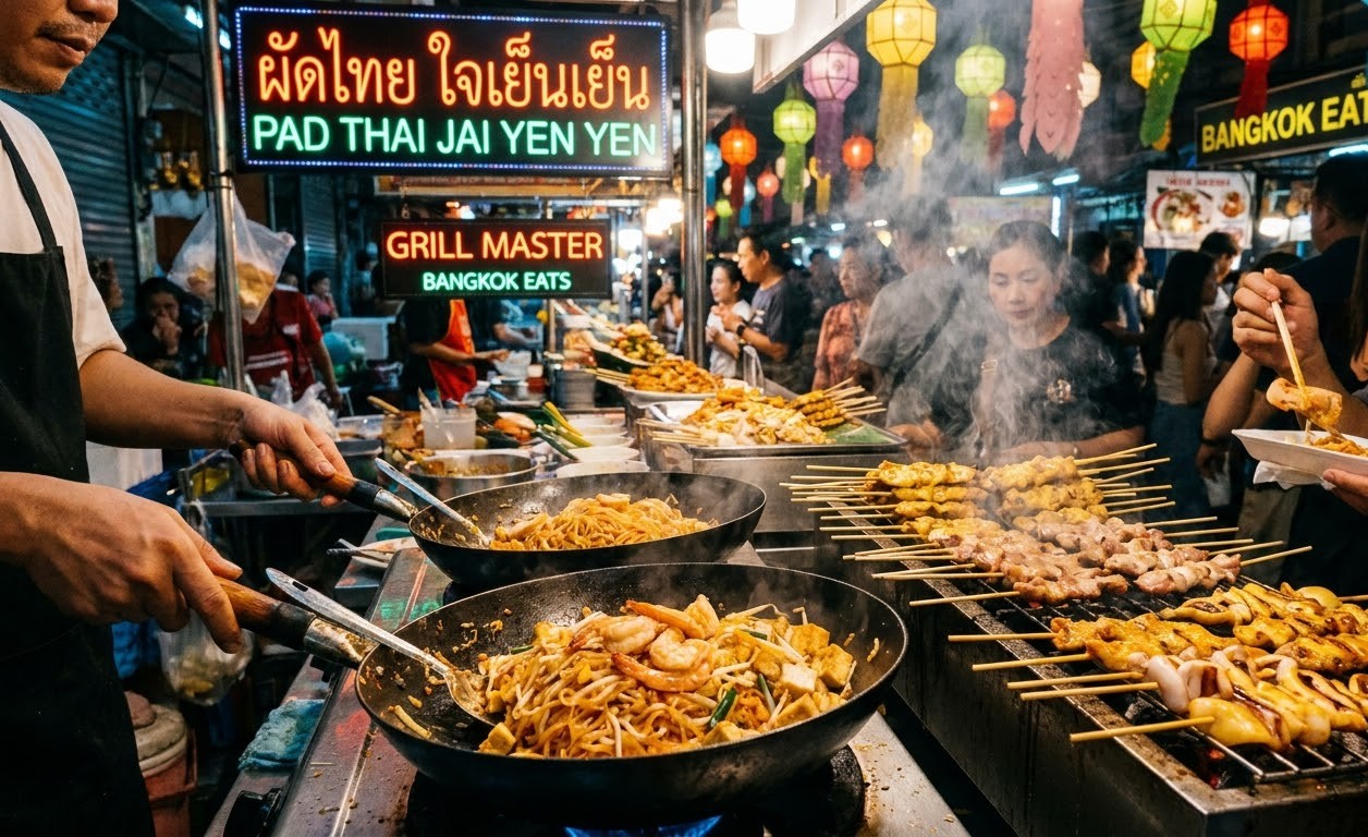 Sizzling pans of Pad Thai and grilled skewers at a vibrant Bangkok night market street food stall