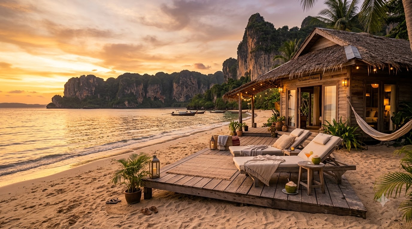 Wooden resort bungalow deck on Railay Beach at sunset